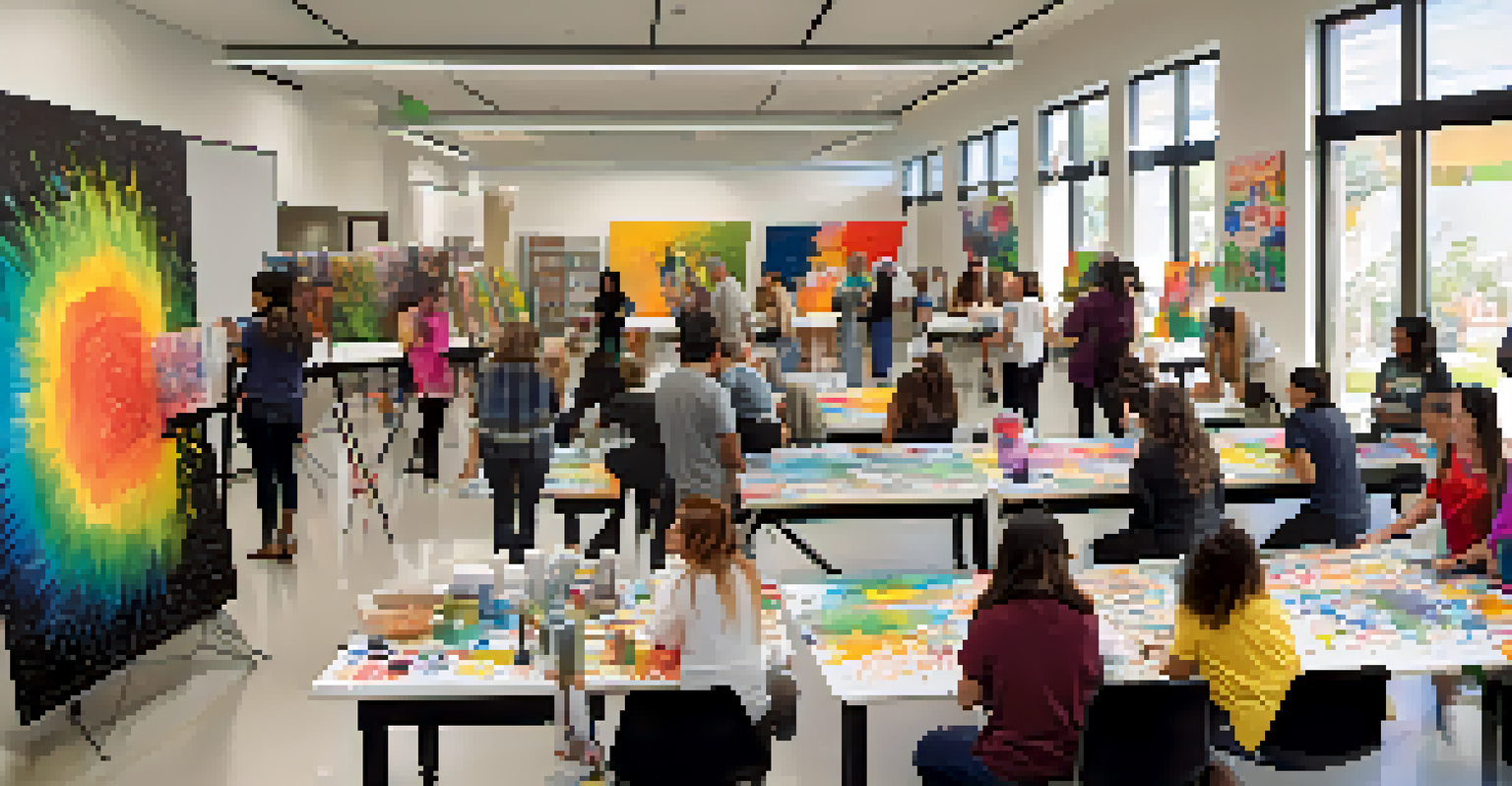 A community art workshop in a Pasadena library with people of different ages creating art together in a bright, colorful environment.