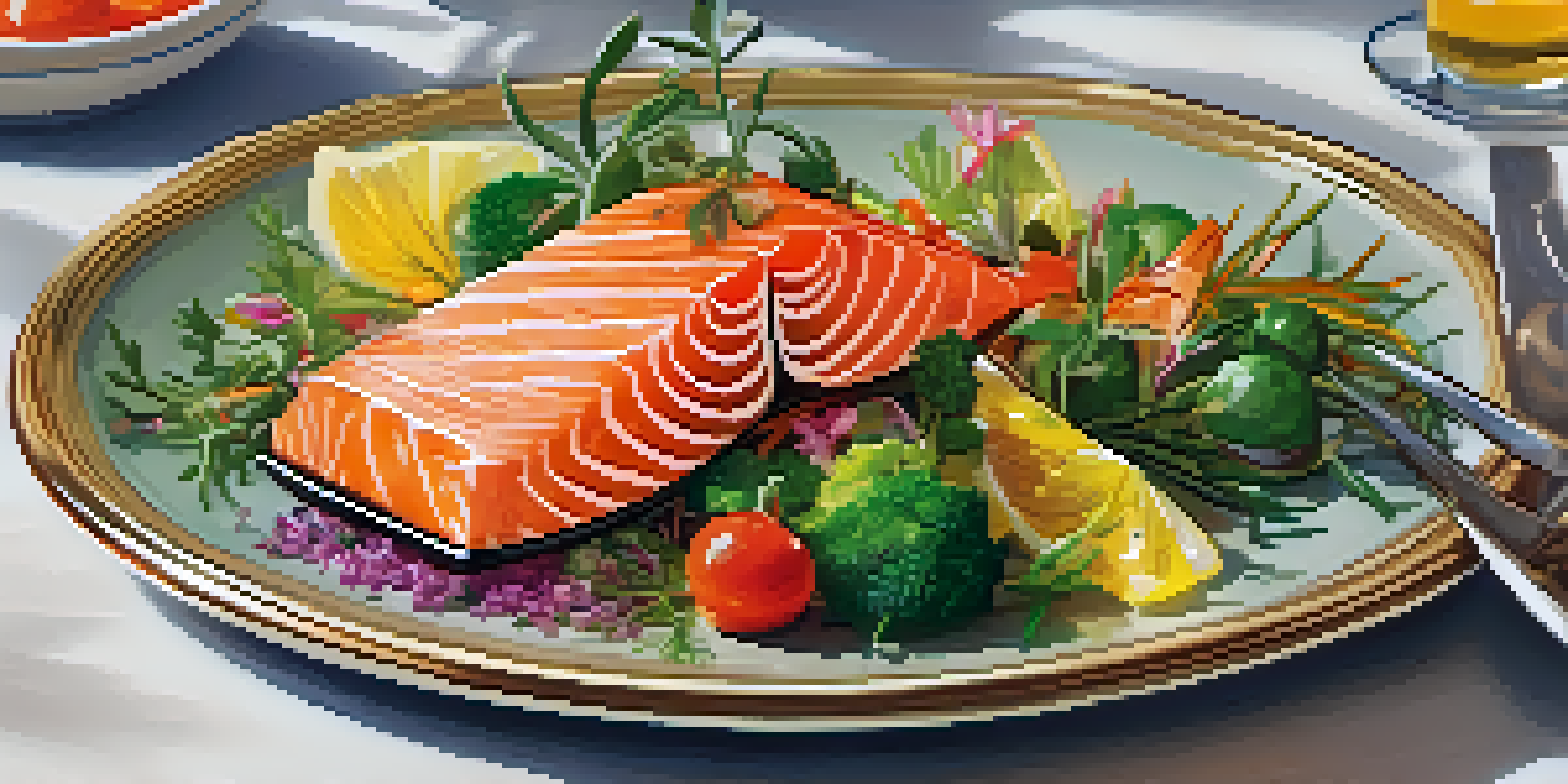 A plate of salmon garnished with herbs and seasonal vegetables on an elegantly set table with warm lighting.