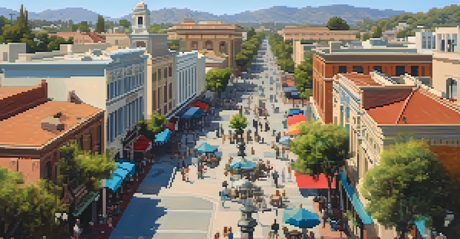 Aerial view of Old Town Pasadena, featuring historical buildings and lively streets with people dining outdoors.