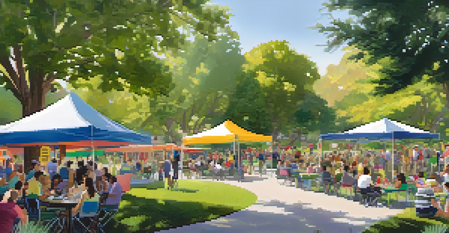 Residents of Pasadena engaging in a community feedback event in a sunny park, surrounded by colorful banners.