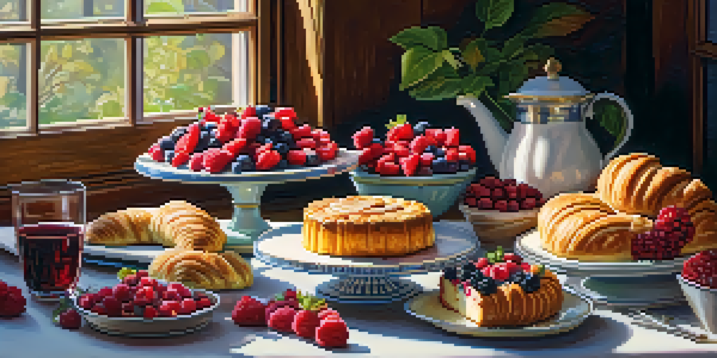 A table filled with various colorful pastries and desserts, including a Triple Berry Cake and flaky croissants, illuminated by soft sunlight.