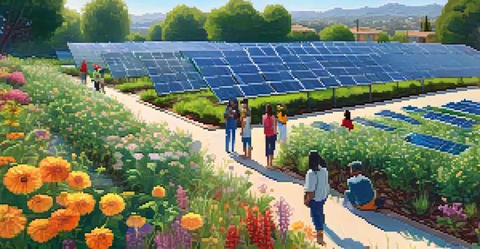 A panoramic view of a community solar garden in Pasadena, with solar panels, greenery, and diverse residents engaged in discussions.