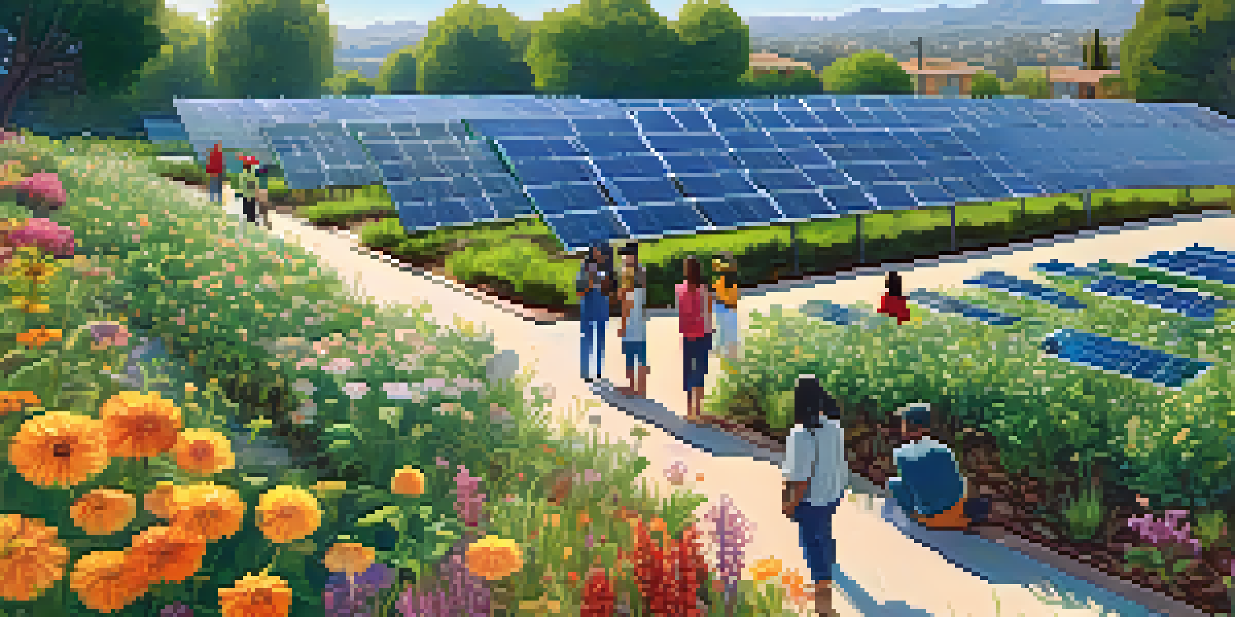 A panoramic view of a community solar garden in Pasadena, with solar panels, greenery, and diverse residents engaged in discussions.