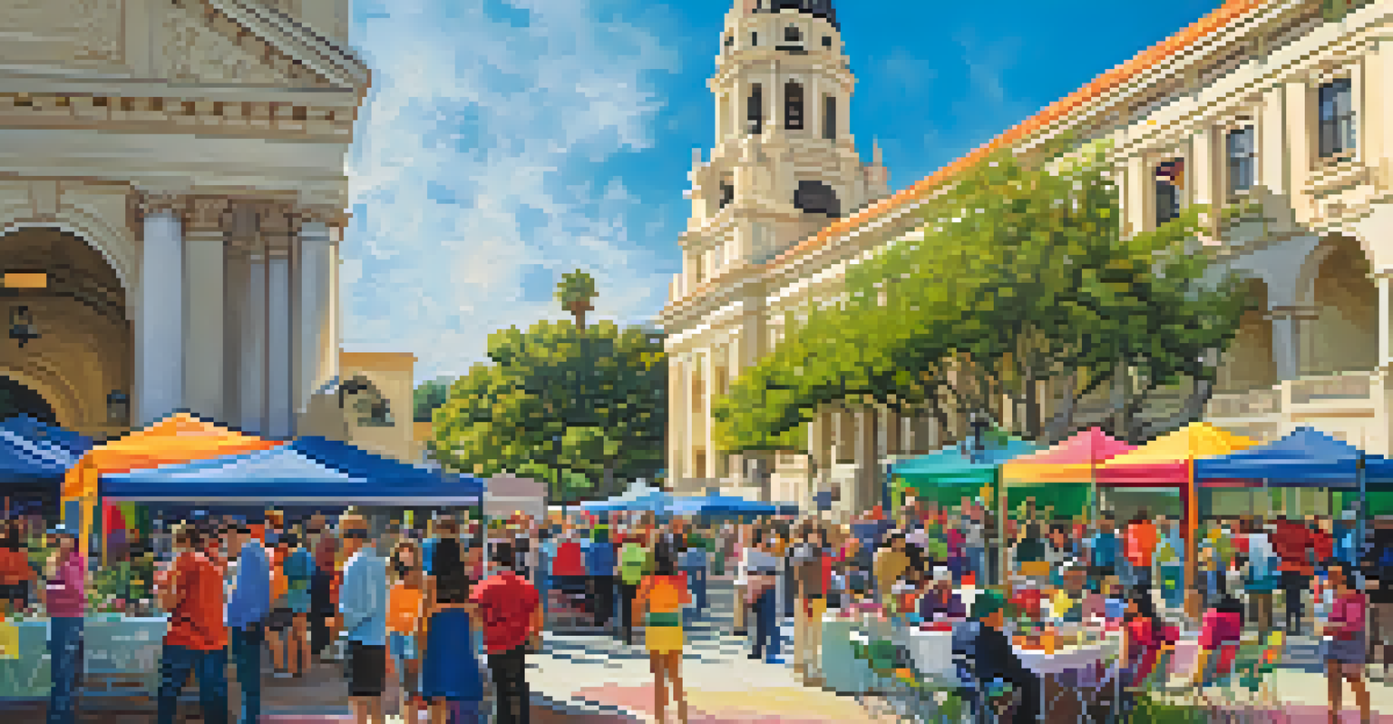 A vibrant community event outside Pasadena's City Hall, with people, colorful banners, and art displays against the stunning architectural backdrop.