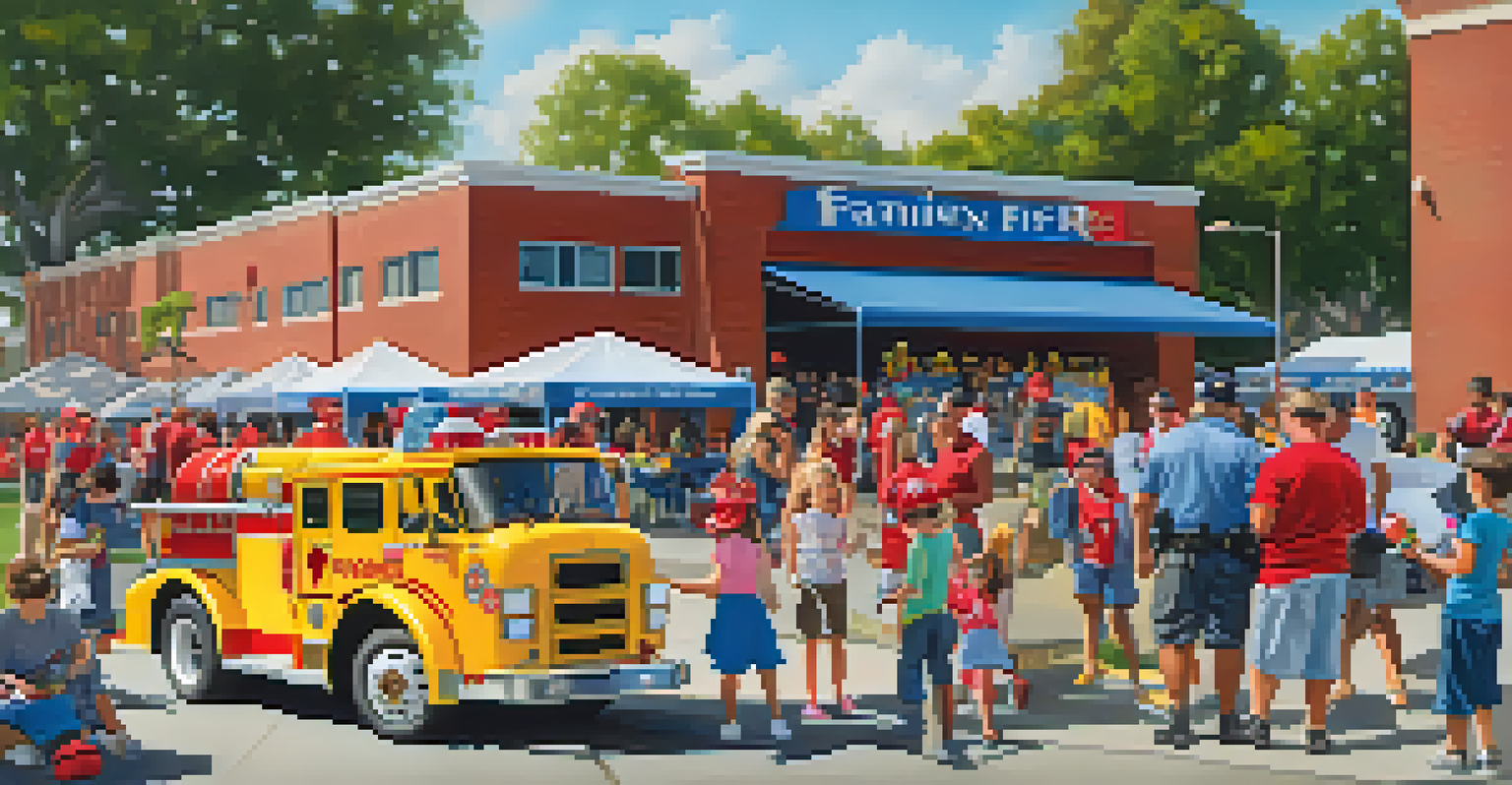Families and firefighters at a community event with games and educational booths on fire safety.