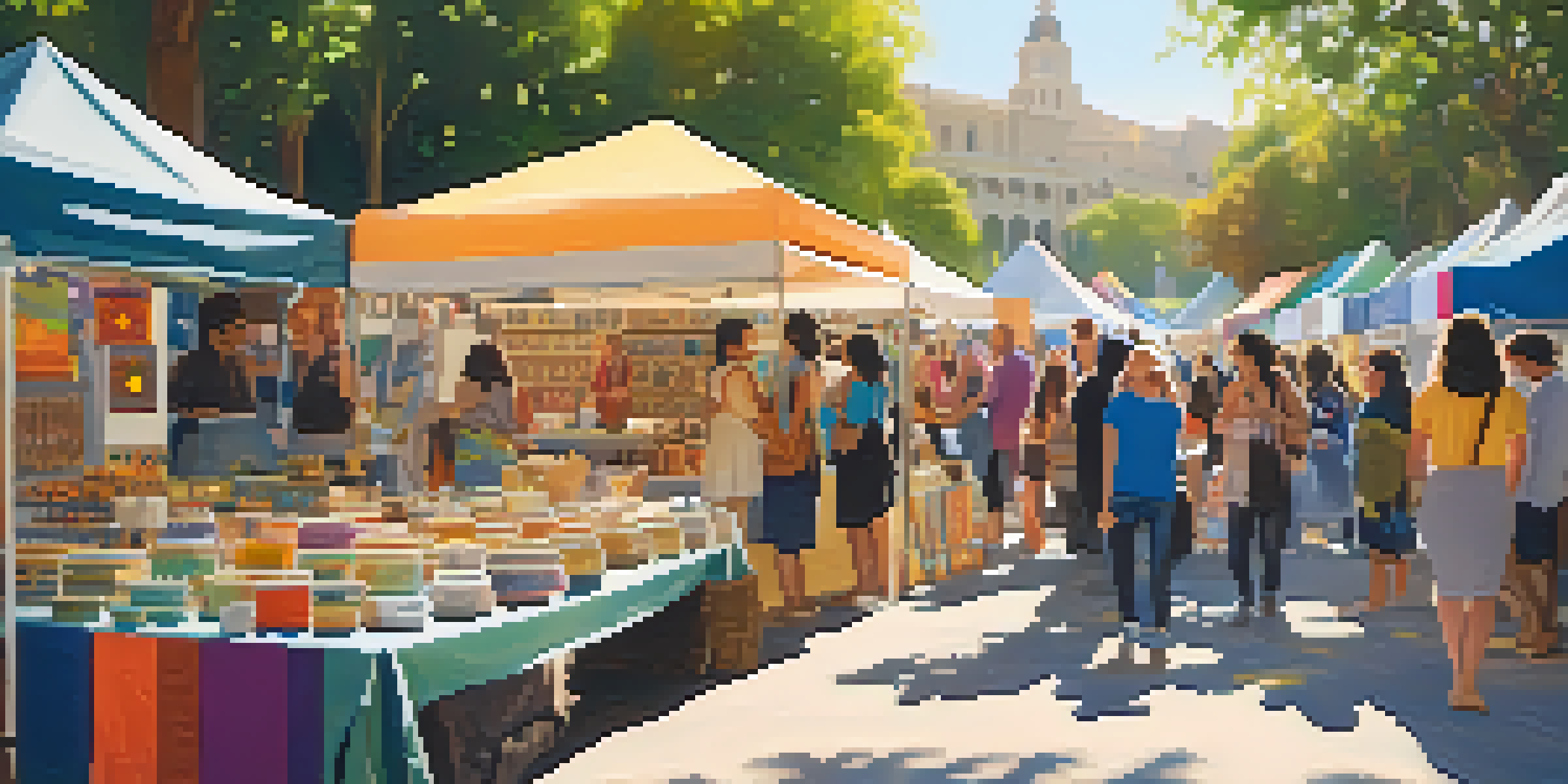 A lively Pasadena craft fair with booths displaying handmade crafts, artisans engaging with visitors, and a sunny atmosphere with greenery in the background.