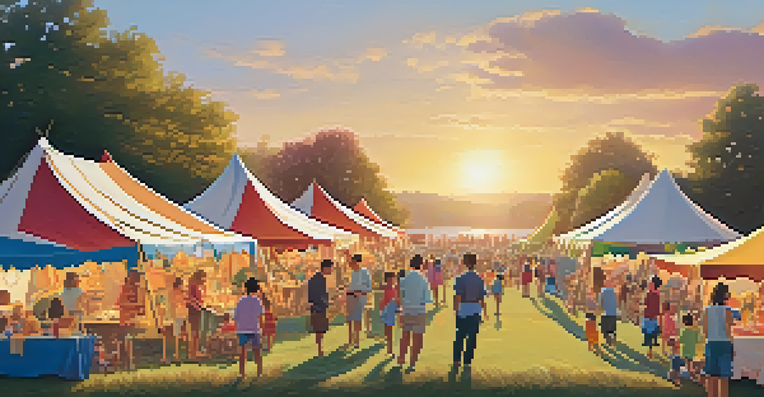 Families at a summer music festival, with children engaged in arts and crafts under colorful tents during sunset.