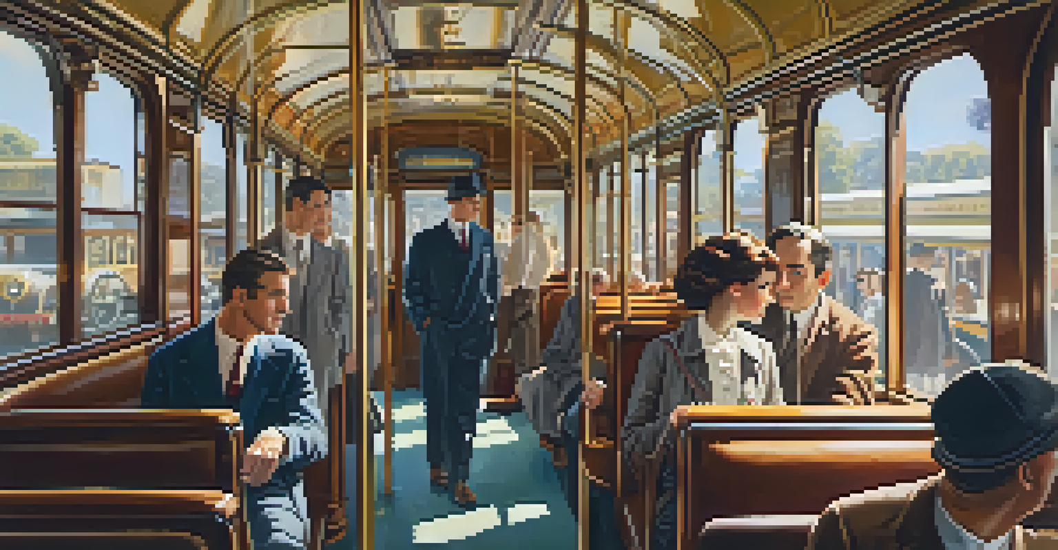 The inside of a vintage streetcar with passengers chatting, surrounded by warm wood and nostalgic decor.