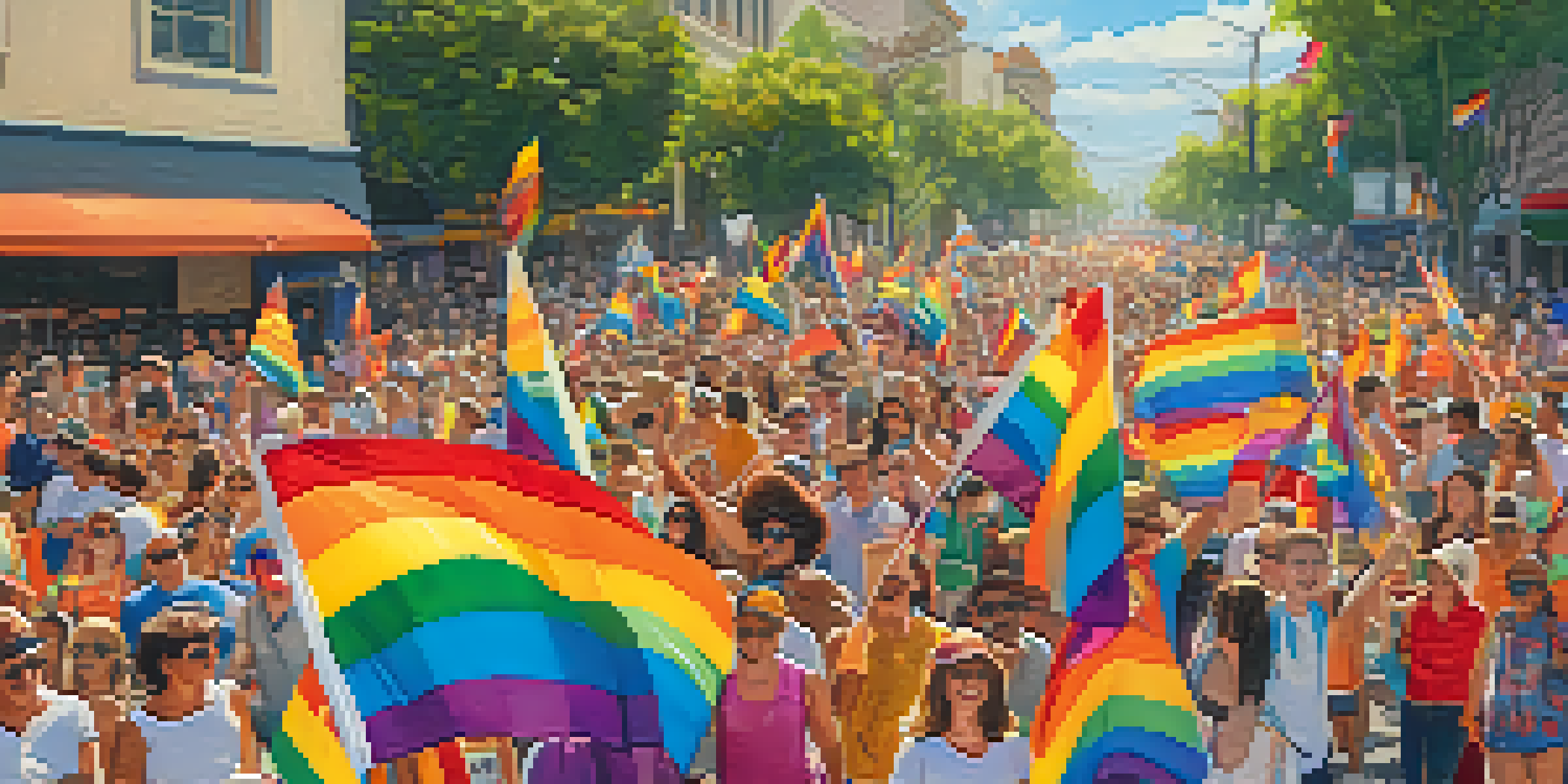 A lively street filled with people celebrating at Pasadena's Pride Parade, with colorful floats and rainbow decorations under the sunlight.