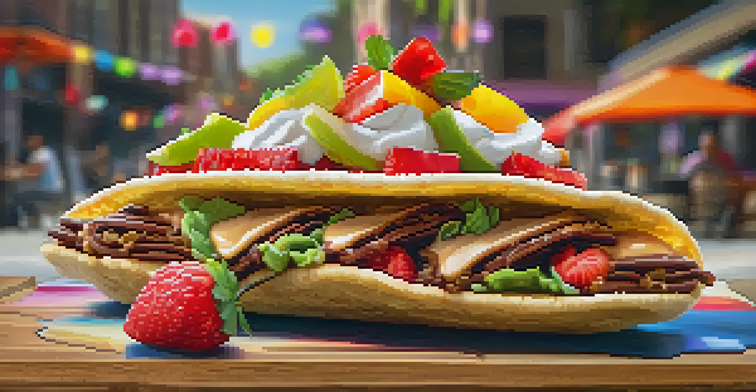 A close-up of a gourmet dessert taco filled with dulce de leche and topped with fresh fruits, set against a blurred food truck background.