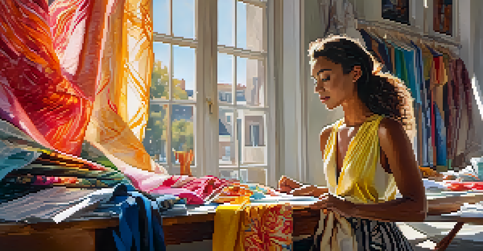 A close-up of a female fashion designer in her studio, working with colorful fabrics and sketches, with sunlight illuminating the scene.