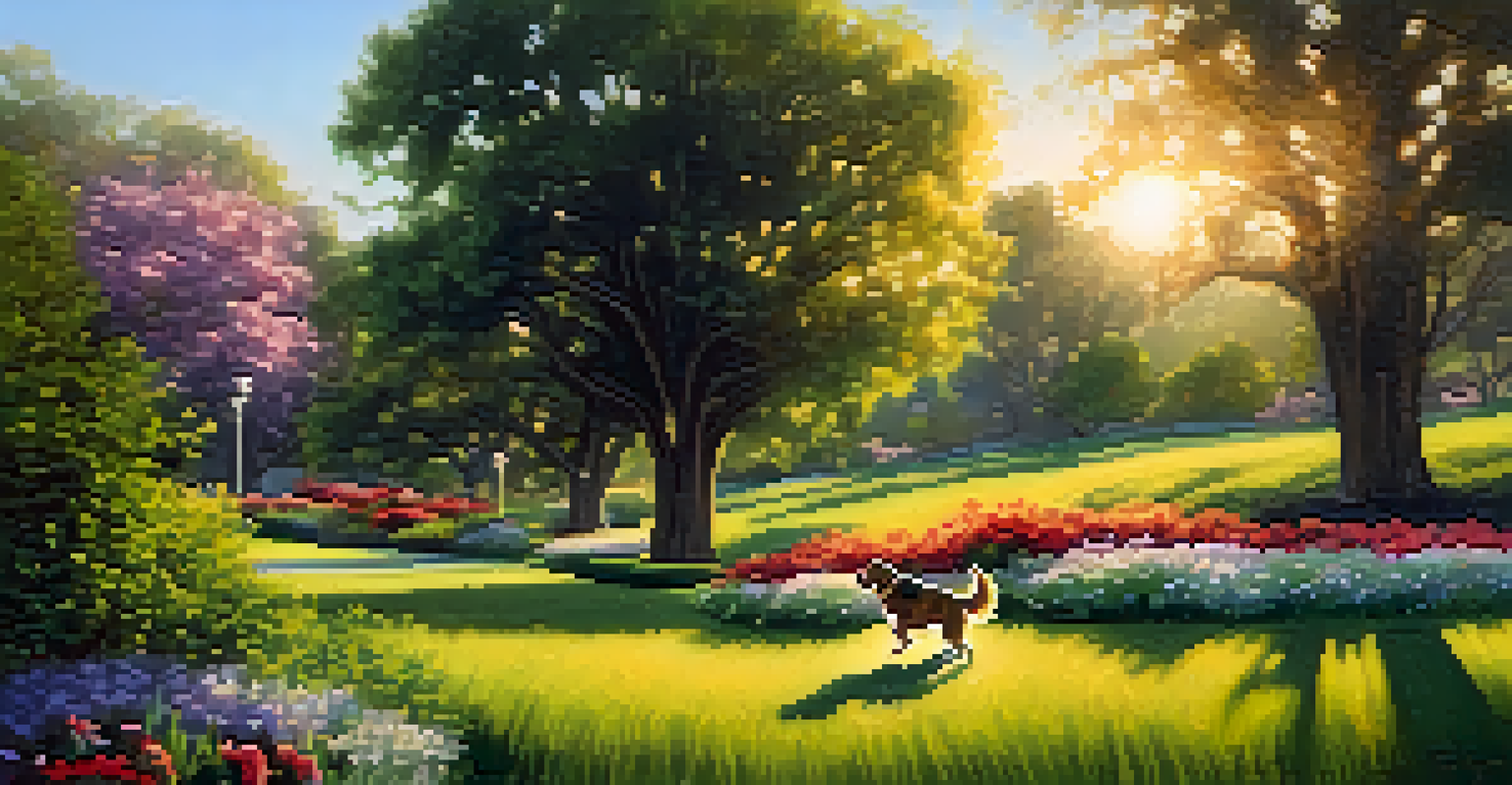 A dog playing in Brookside Park, surrounded by lush grass and flowers in a sunny atmosphere.