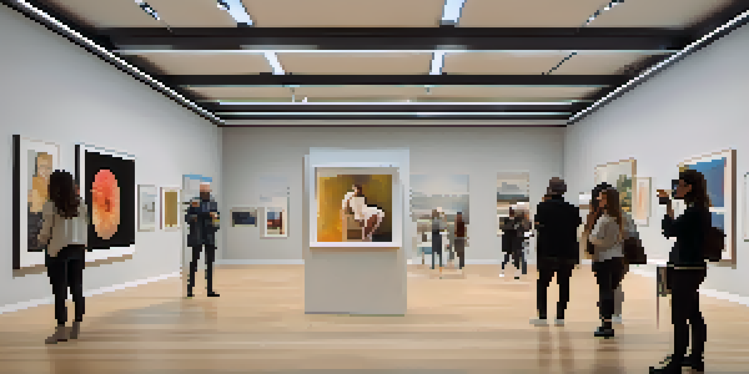 A digital art exhibition featuring various artworks and viewers interacting through their devices in a virtual gallery.