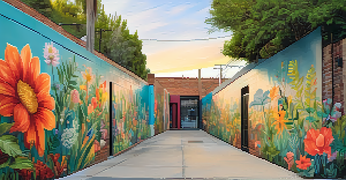 A colorful mural showcasing local plants and animals in a peaceful alley, with soft lighting enhancing the intricate details.