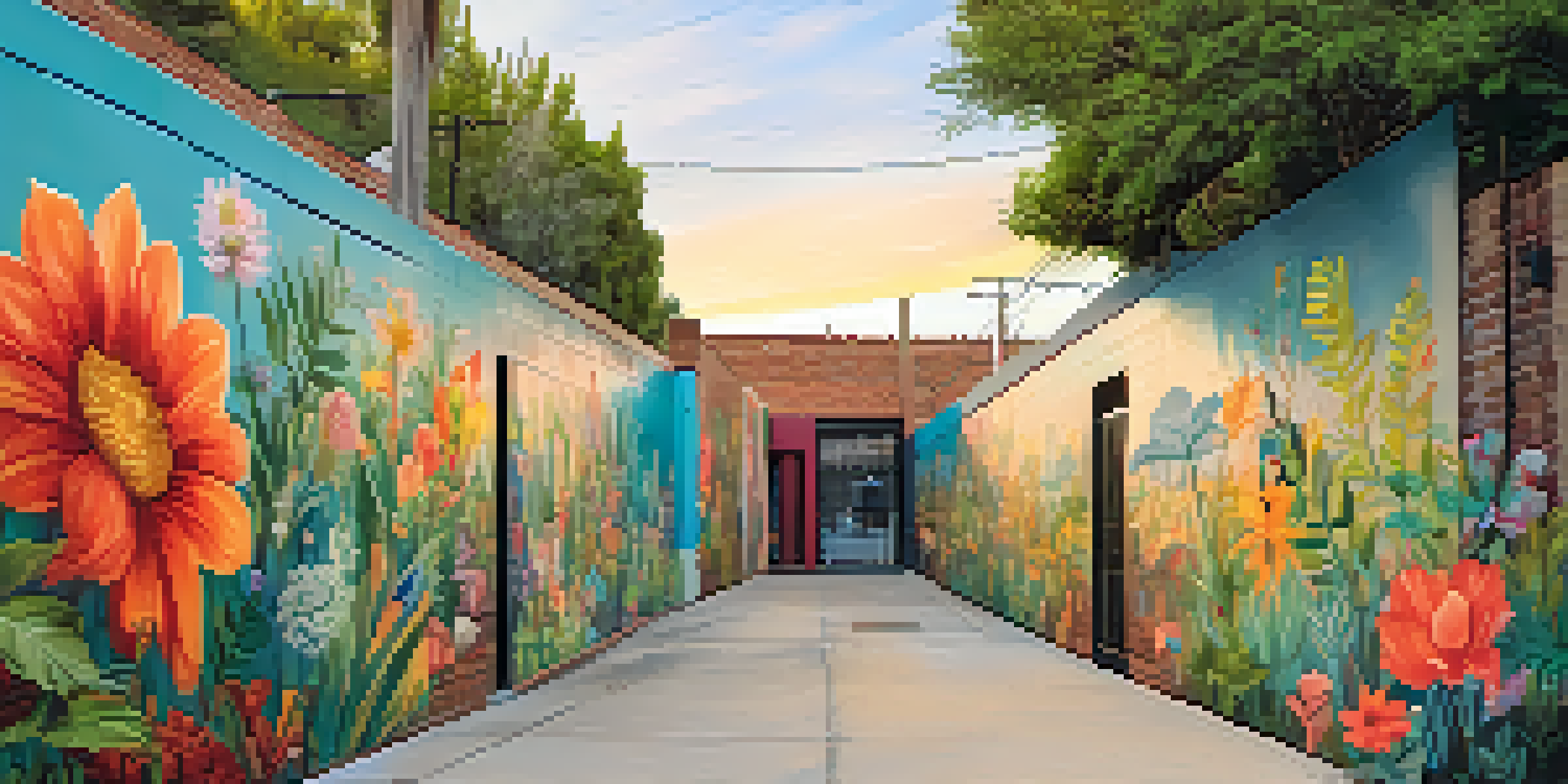 A colorful mural showcasing local plants and animals in a peaceful alley, with soft lighting enhancing the intricate details.