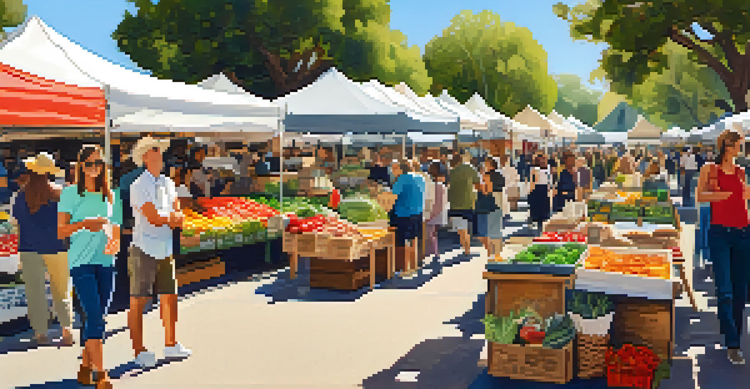 A lively farmers market in Pasadena with stalls of fresh organic produce and shoppers interacting with farmers.