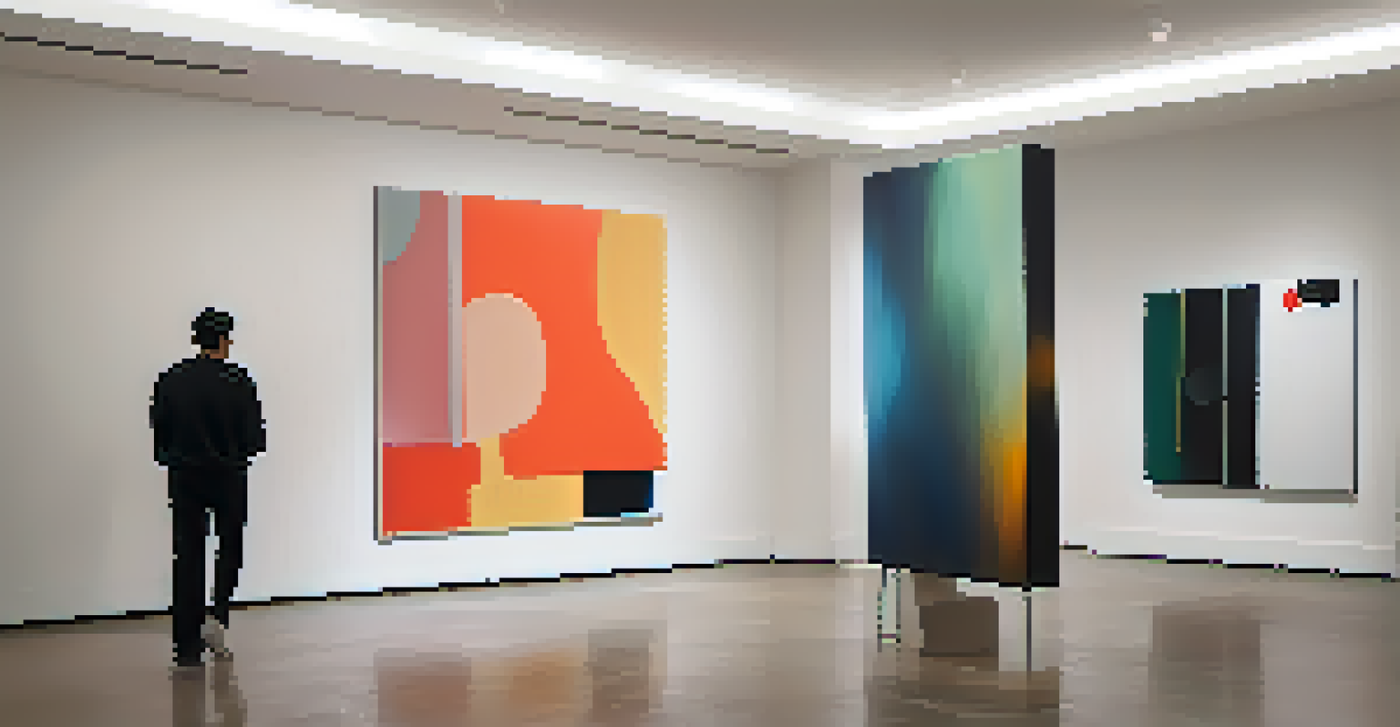 An abstract painting by James Lee showcased in a gallery, surrounded by other contemporary artworks.