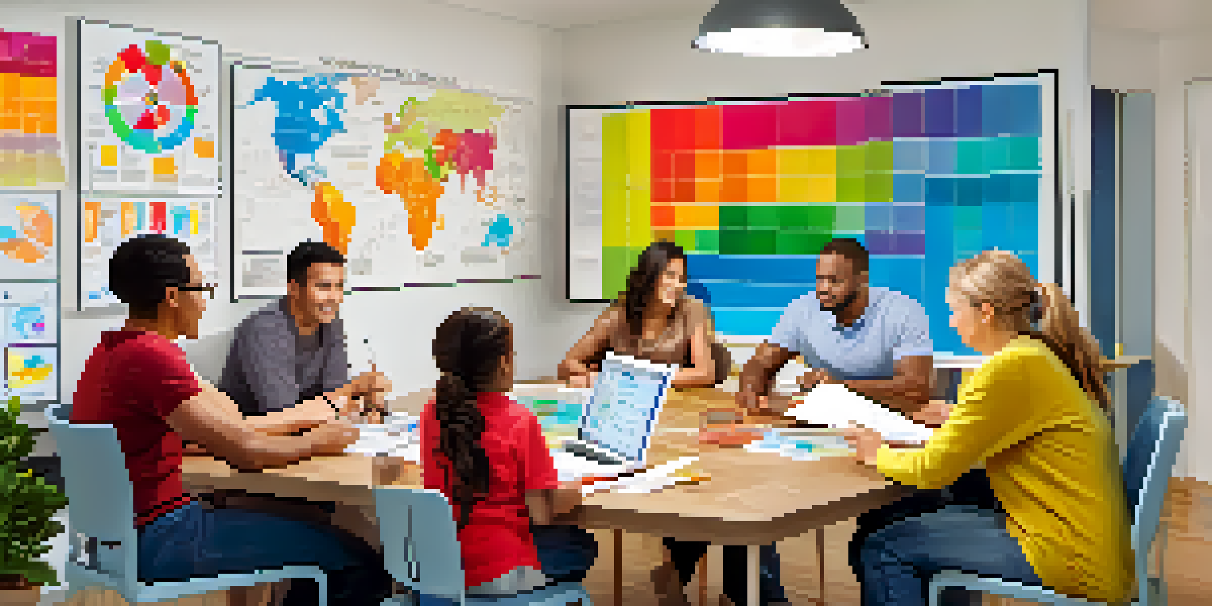 A diverse family discussing their emergency preparedness plan at a table, surrounded by colorful charts and an open laptop.