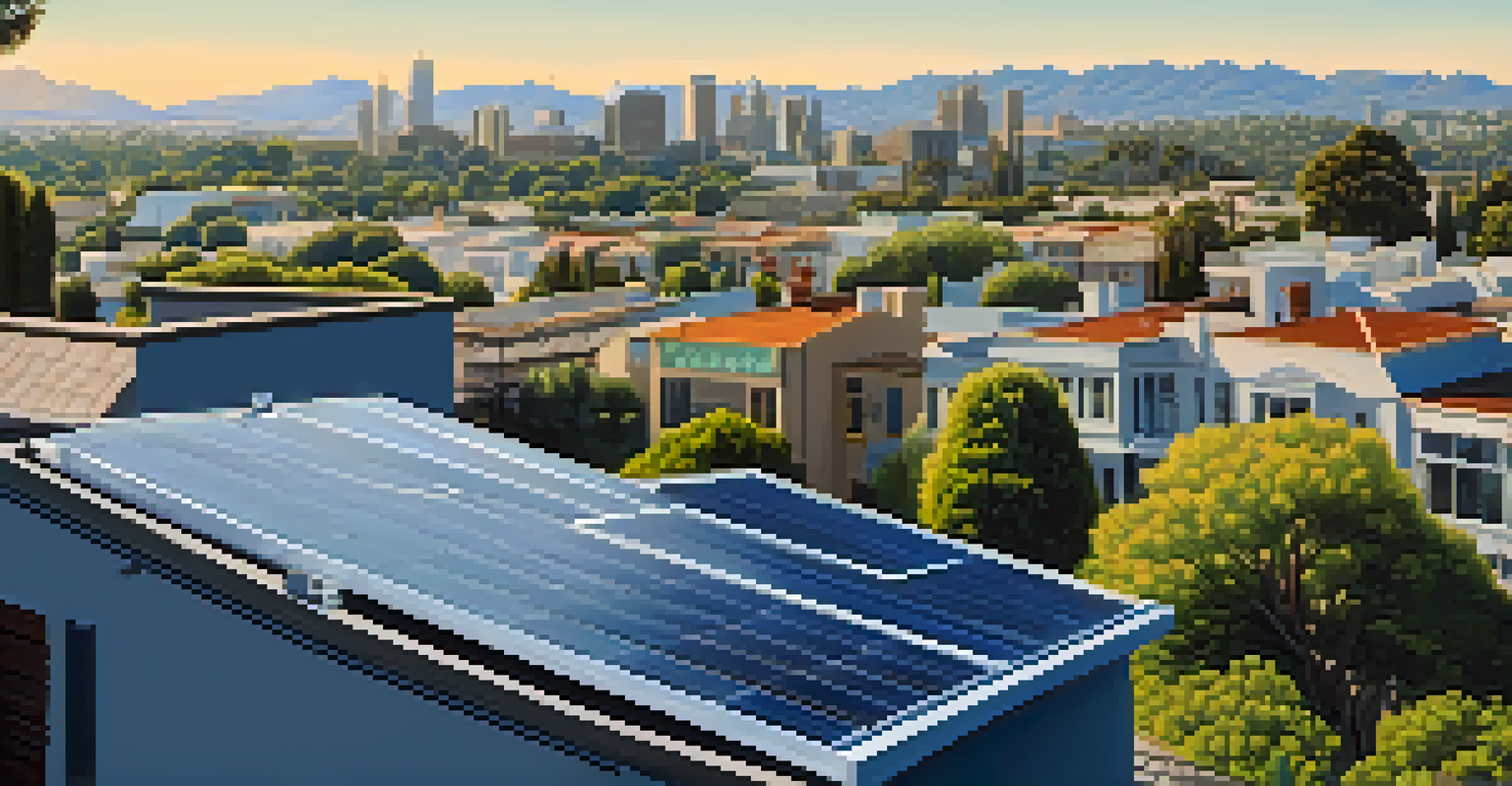 A close-up view of a residential rooftop in Pasadena with solar panels and the skyline in the background.