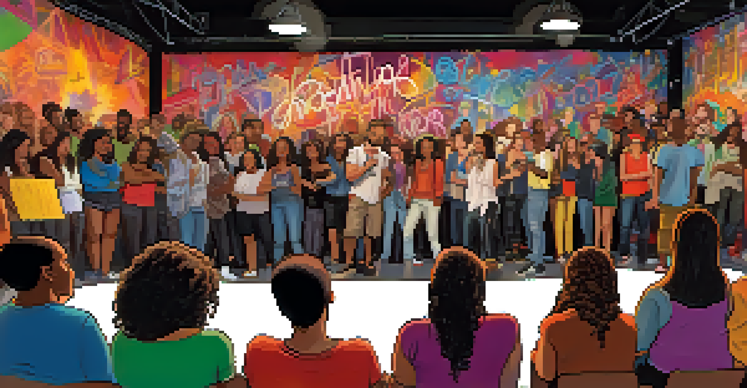 A lively poetry slam performance with a poet on stage and an engaged audience in a colorful, urban atmosphere.