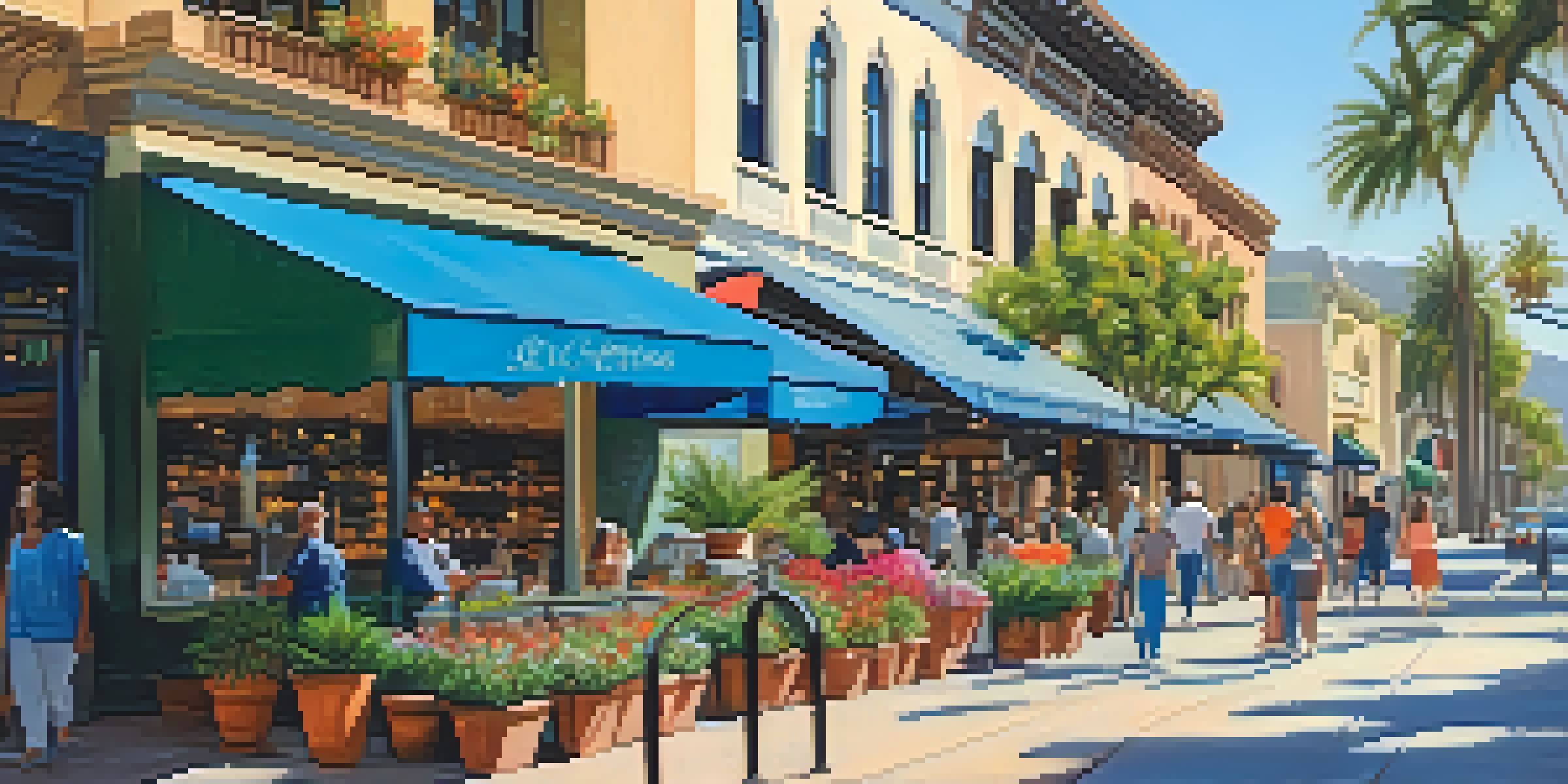 A lively street scene in Old Town Pasadena with historic buildings, colorful shops, and outdoor dining.