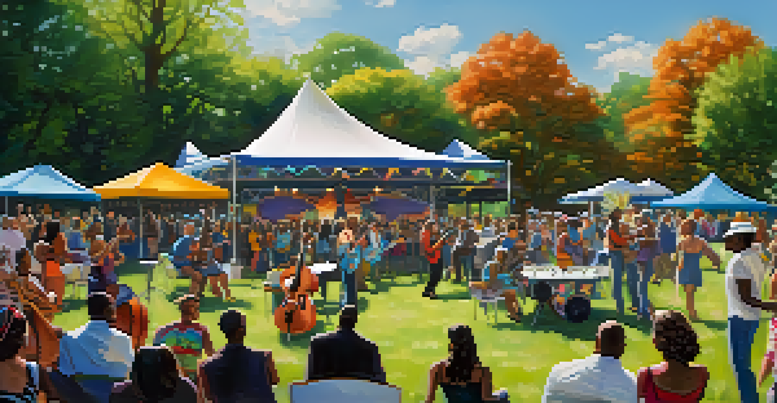 A jazz festival in a park with musicians on stage, colorful decorations, and attendees dancing.
