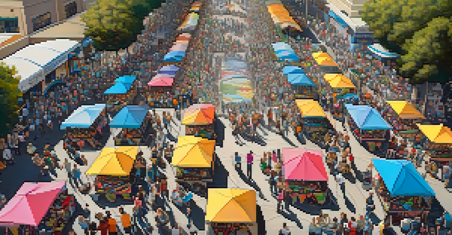 An aerial view of a colorful street art festival with numerous chalk artworks and a crowd of people enjoying the event.
