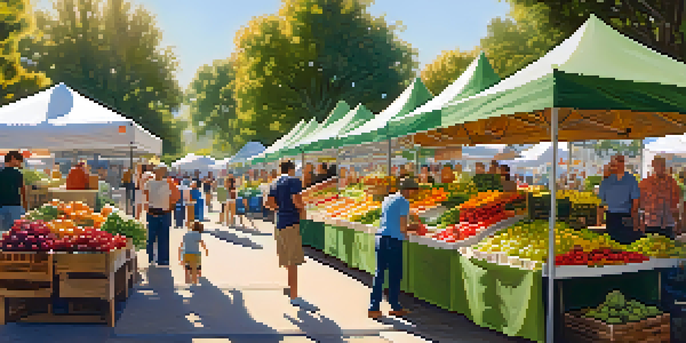 A bustling farmers' market with colorful organic produce and happy shoppers interacting with local farmers under warm sunlight.