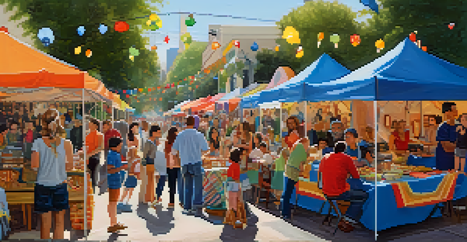 A lively street fair in Pasadena, showcasing tents, food, and community members enjoying the festivities together.