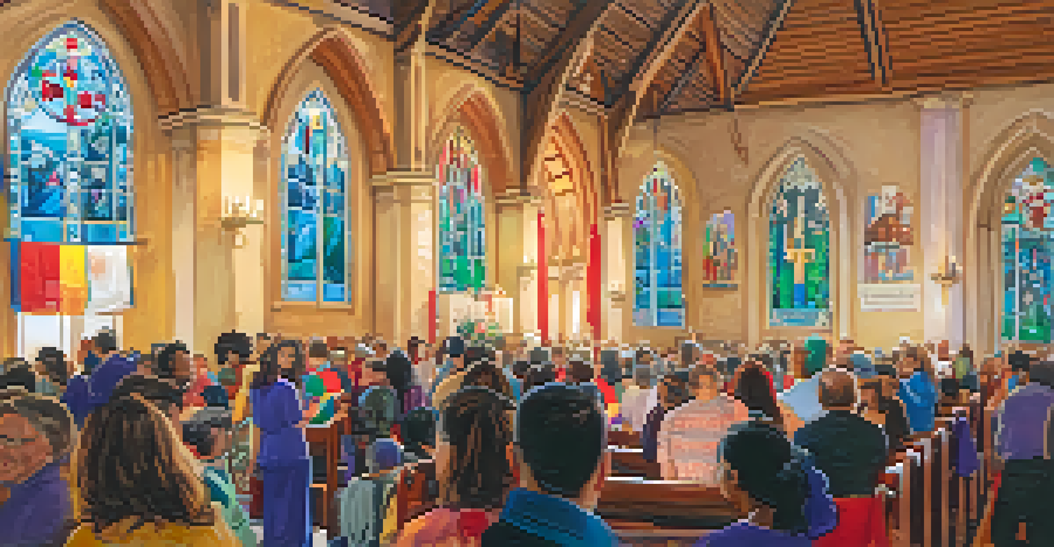 The interior of a Pasadena church filled with colorful decorations and diverse people attending a community event, with a choir performing and warm lighting.