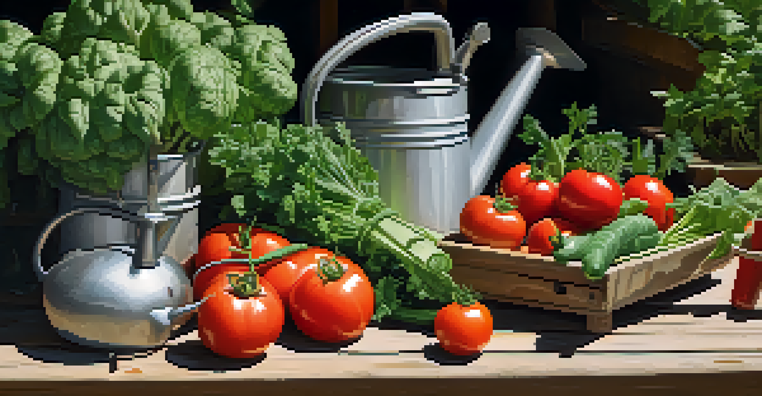 A close-up of freshly harvested vegetables and herbs on a wooden table in a community garden.
