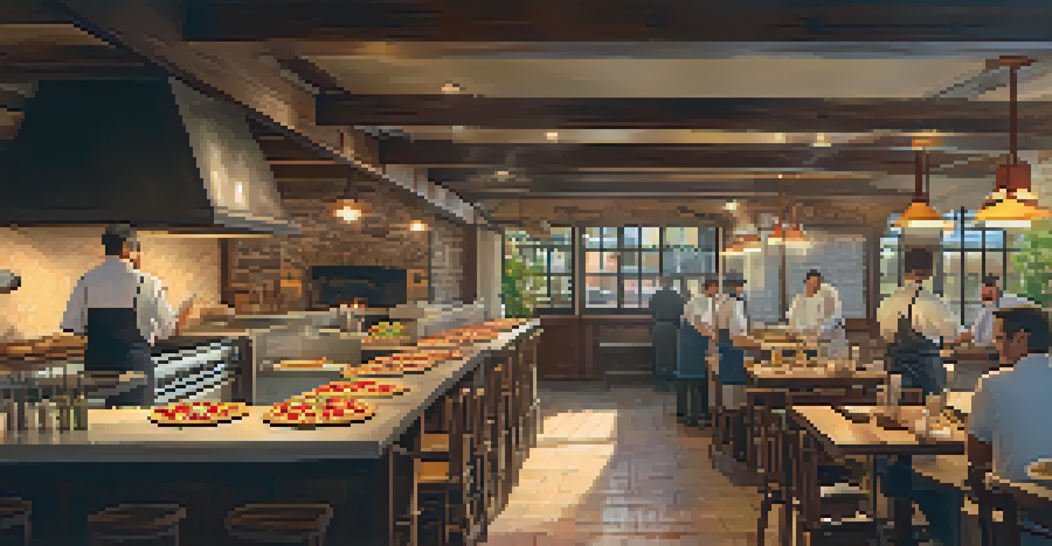 The interior of a restaurant with an open kitchen where chefs are making wood-fired pizzas, featuring warm rustic decor.