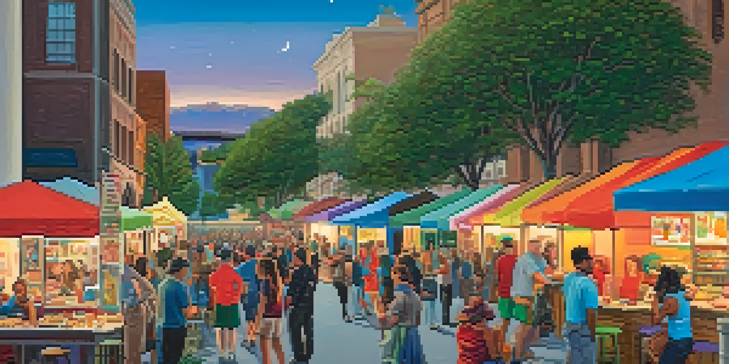 A lively street scene during Pasadena's Art Night showcasing colorful artwork, diverse people interacting, and warm lights from food trucks.