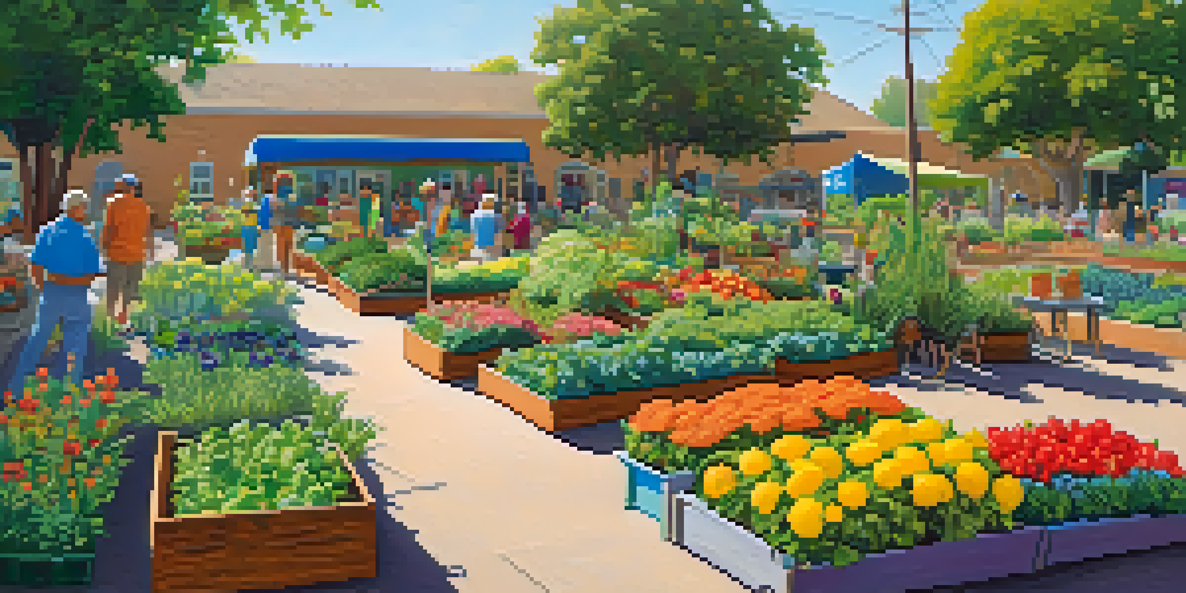 A lively community garden with diverse plants and residents gardening together in Pasadena.