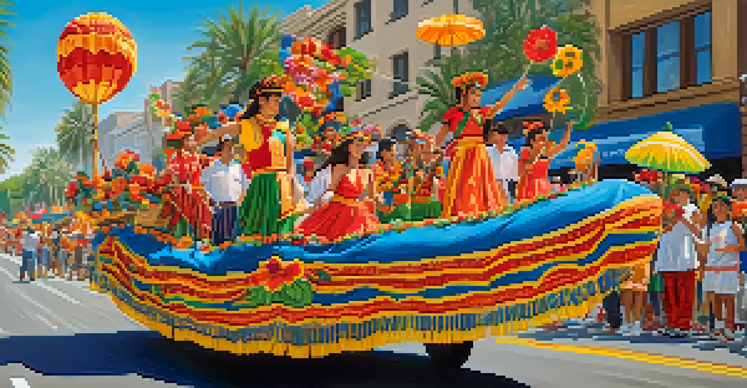 A lively Pasadena Latino Heritage Parade with colorful floats, traditional costumes, and a festive atmosphere.