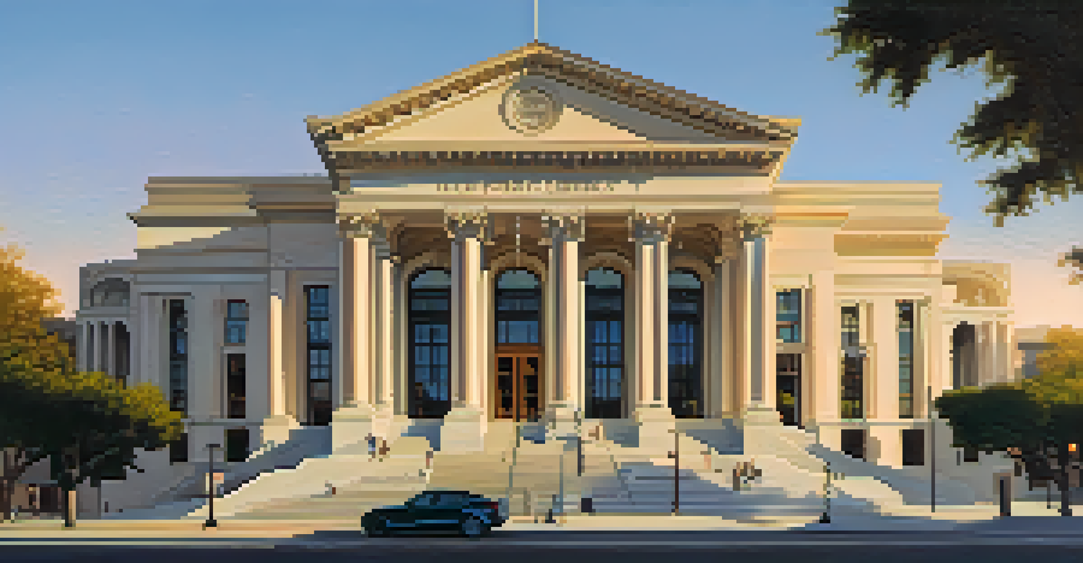 The modern Pasadena Public Library juxtaposed against historic buildings in the Civic Center at dusk.