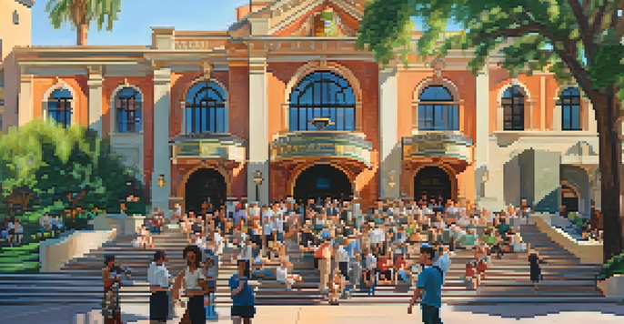 A sunny outdoor view of the Pasadena Playhouse with people socializing and greenery around the historic building.