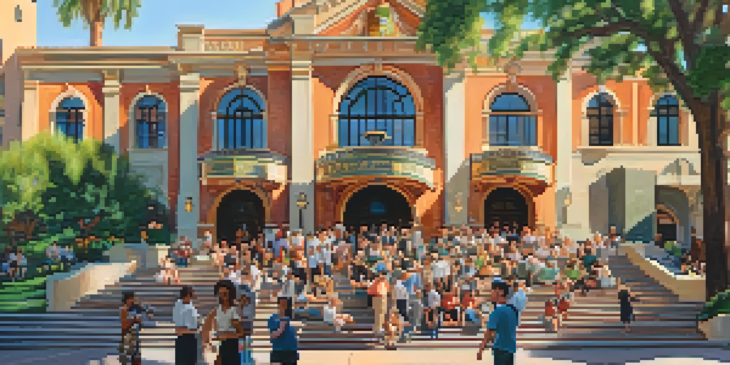 A sunny outdoor view of the Pasadena Playhouse with people socializing and greenery around the historic building.