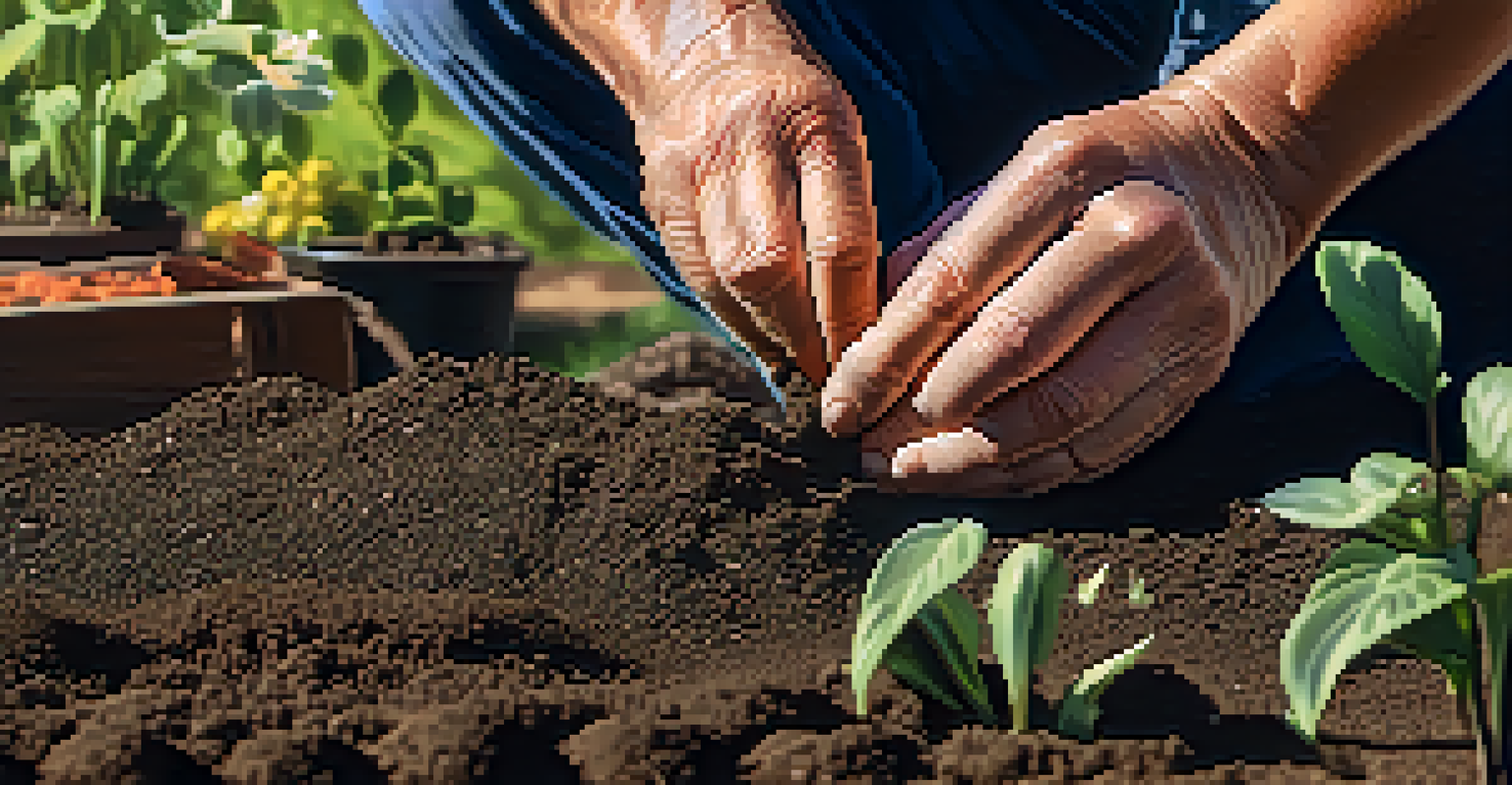 Close-up of hands planting seeds in a community garden, showcasing rich soil and small plants.