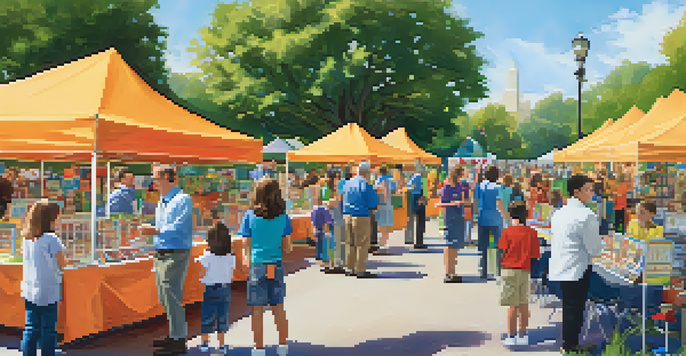 A lively science fair in Pasadena with colorful booths and participants engaged in science activities under a sunny sky.