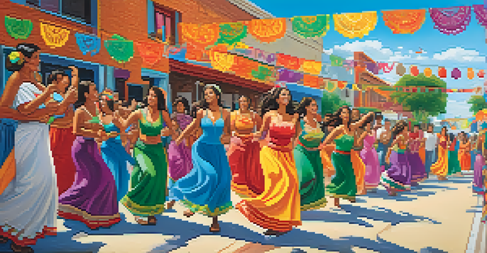 A colorful mural showcasing a Latino festival with dancers, papel picado banners, and families celebrating in a lively street.