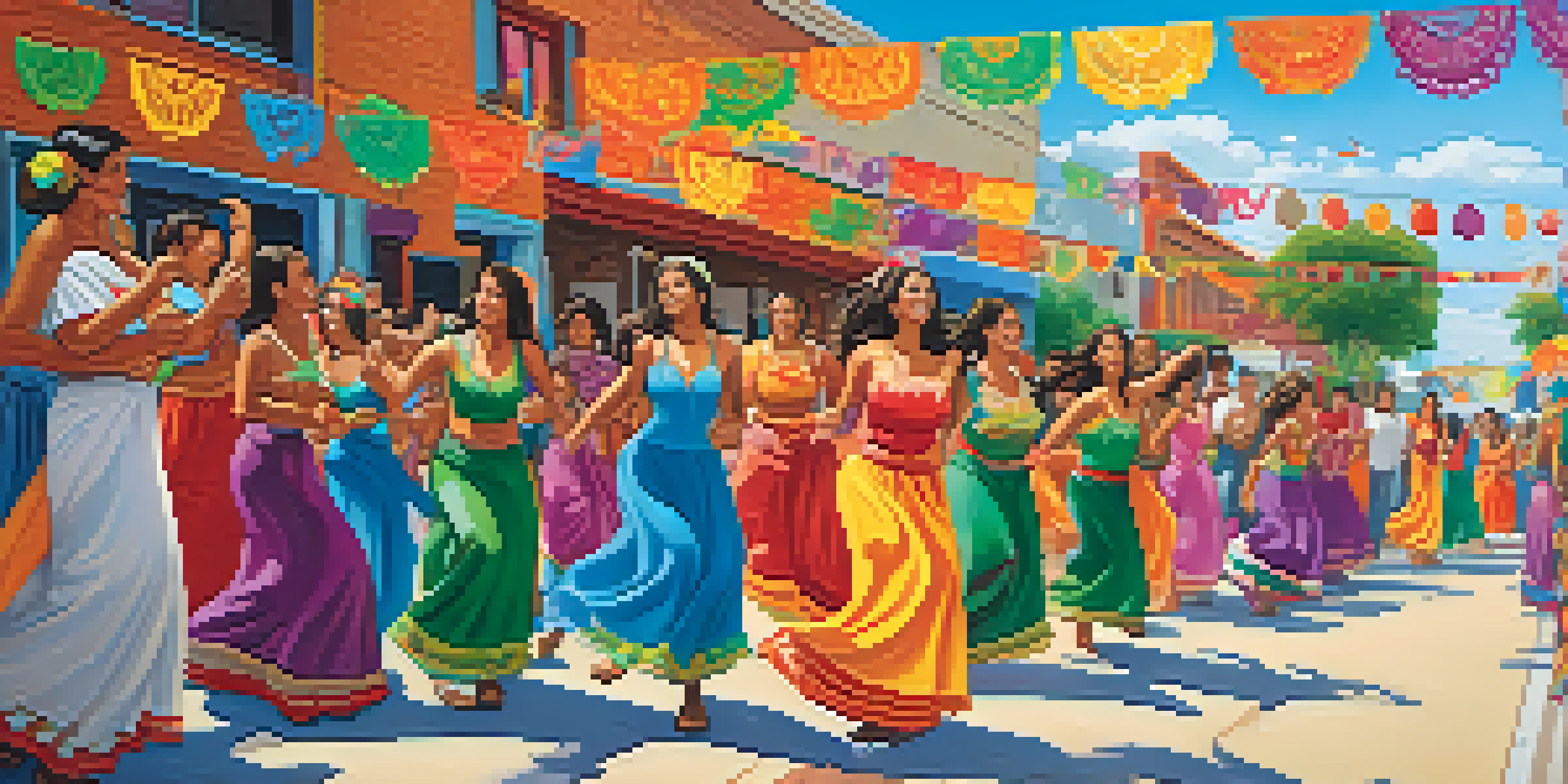 A colorful mural showcasing a Latino festival with dancers, papel picado banners, and families celebrating in a lively street.