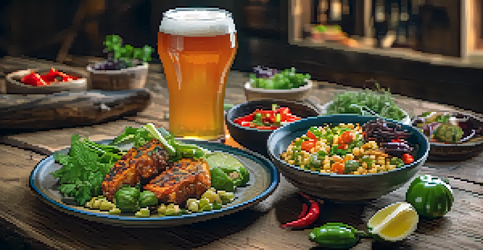 A colorful food pairing with craft beer on a rustic wooden table, featuring an IPA next to a spicy dish with fresh ingredients.