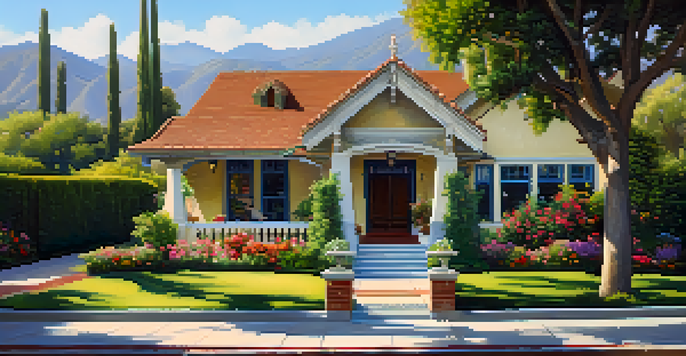 A Craftsman-style house in Pasadena surrounded by flowers and greenery, with the San Gabriel Mountains in the background under a clear sky.