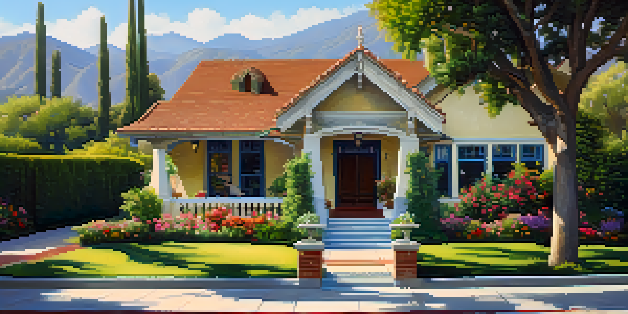 A Craftsman-style house in Pasadena surrounded by flowers and greenery, with the San Gabriel Mountains in the background under a clear sky.