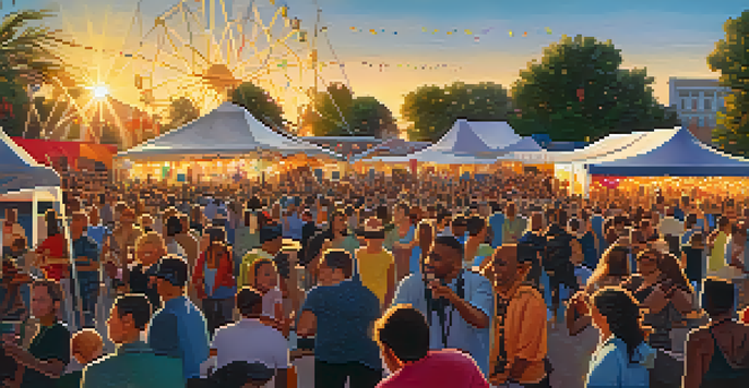 A lively outdoor music festival with a diverse crowd enjoying jazz music at sunset.