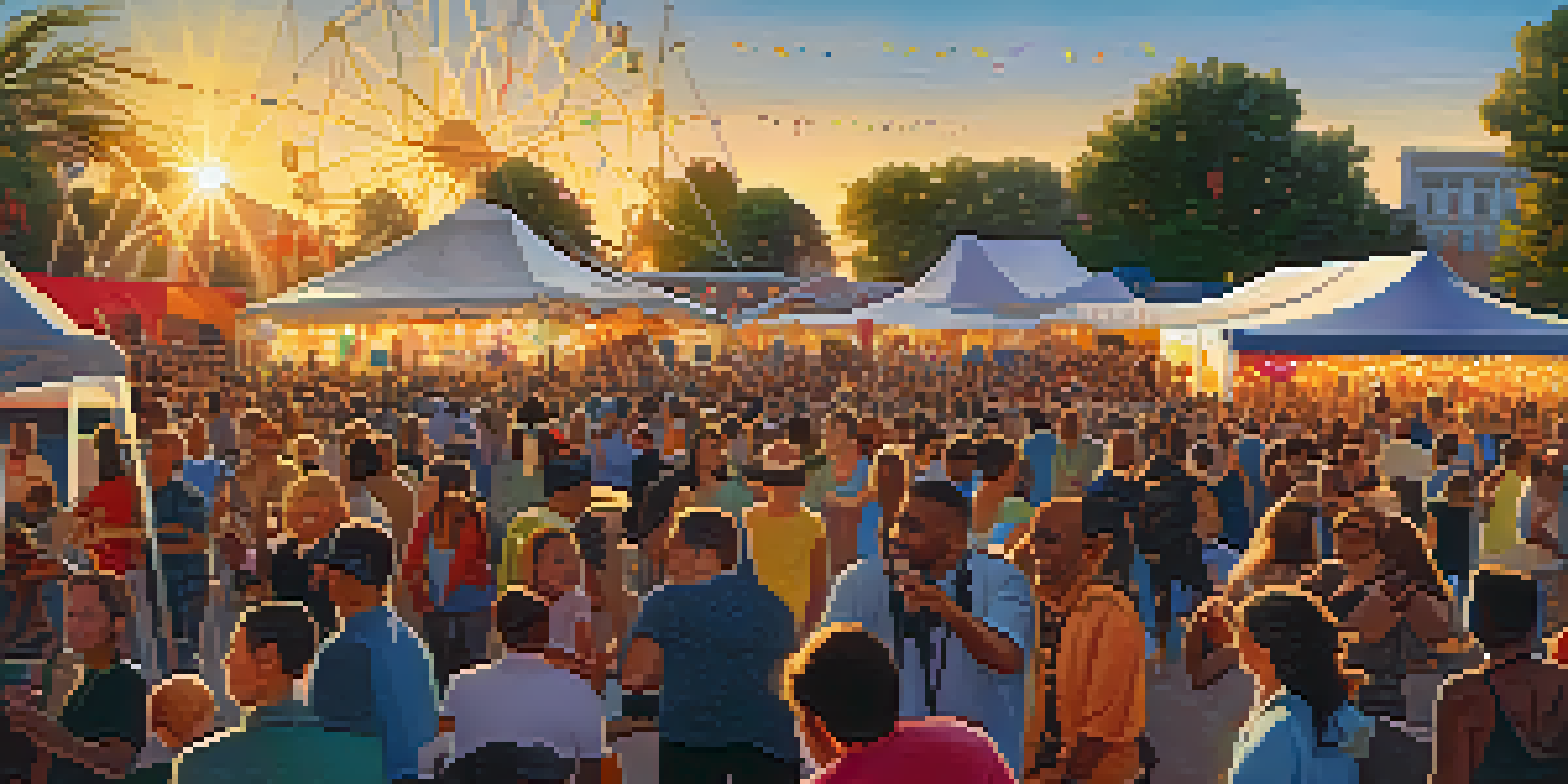 A lively outdoor music festival with a diverse crowd enjoying jazz music at sunset.