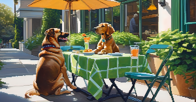 An outdoor patio at a pet-friendly restaurant with a happy dog lying next to its owner who is enjoying a drink.