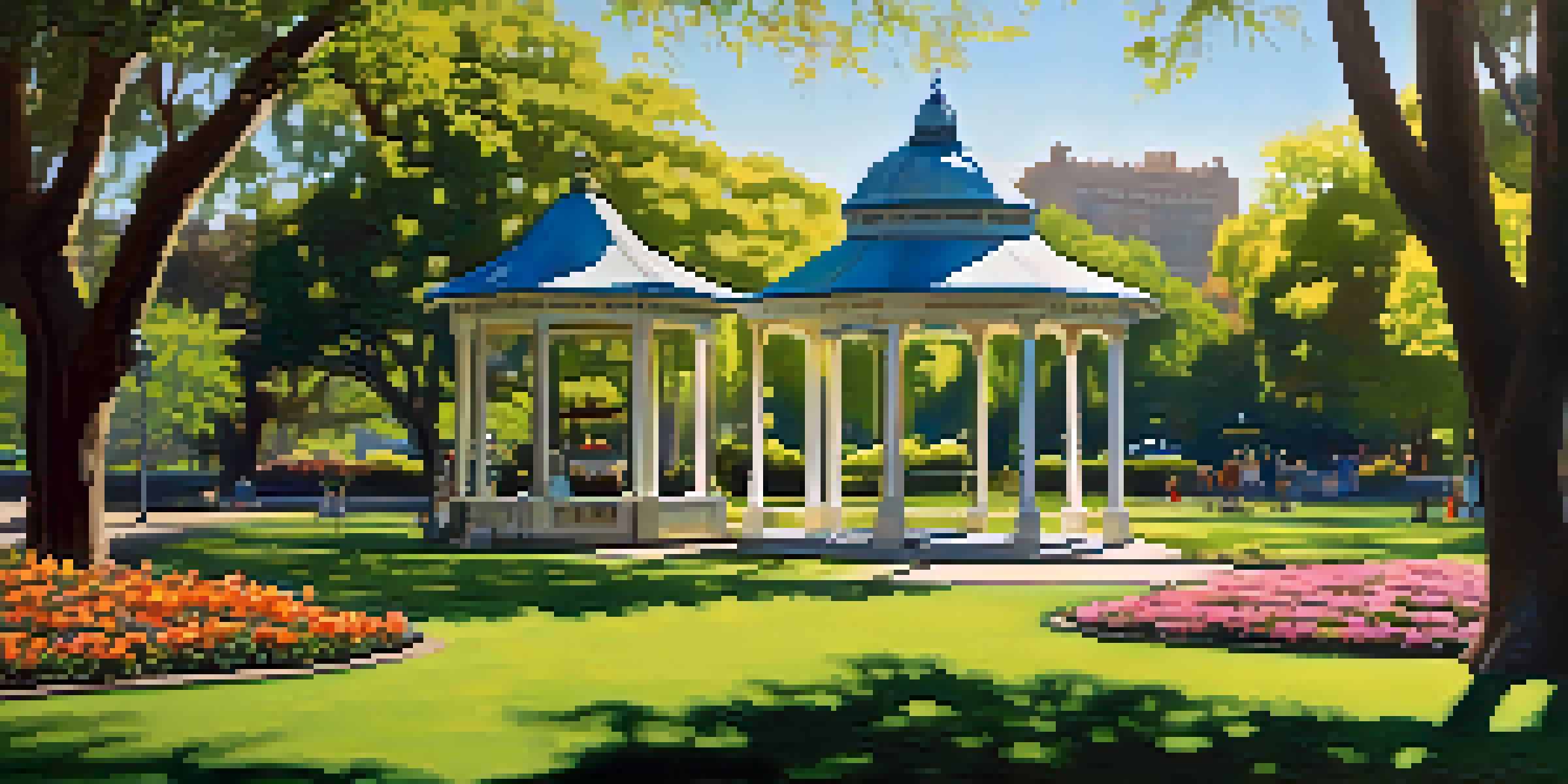 A peaceful scene in Central Park, featuring a gazebo surrounded by trees and flower beds under sunlight.