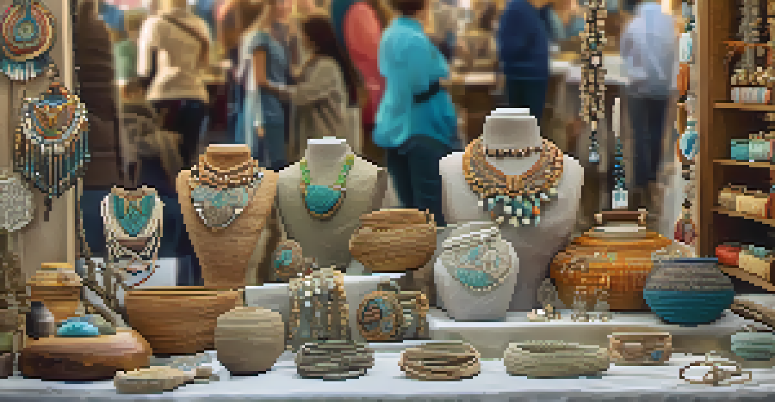 A close-up view of a craft fair booth displaying handmade jewelry and pottery, highlighted by soft natural light.